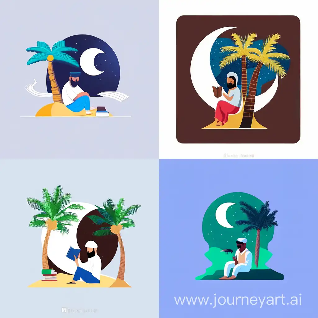 Make a very simple logo about a Middle Eastern Bedouin man reading a book and leaning his back on a palm tree in the middle of an oasis with big moon behind. Make the background and the moon full white, make the man and the palm tree black and only color the sand under the man.