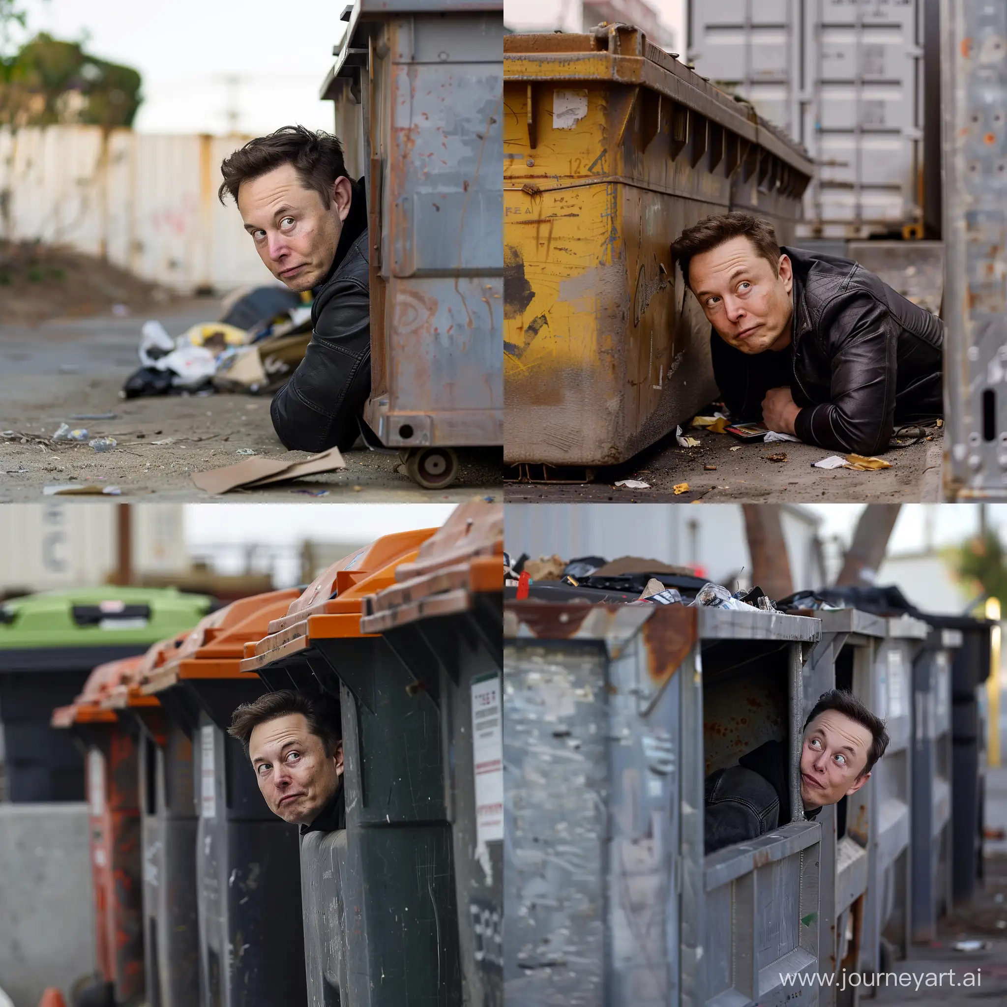 Илон Маск выглядывает из мусорного контейнера возле помойки 
