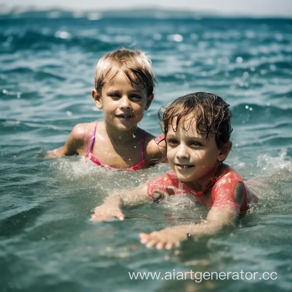 маленькие дети 10 лет купаются вместе на море