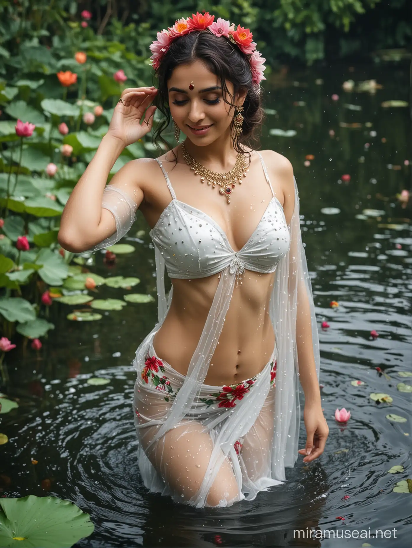 full body view  most beautiful european girl as beautiful white matured  indian bride, wide big eyes, bright full face, bathing in pond, turned away showing back, full body drenched with  water, elegant wet  saree look, backless,   full body jewelry, ornaments, drenched fully with water droplets, drenched transparent saree,  long curly hairs, raised brows, innocent and shy, closeup, 
 looking back over shoulders stylishly with innocence and shy  modest smile, red dot, necklace, one hand raised to show innocence  and armpit,   adorned with multicolor flowers, drenched  hairs and breast cloth, no bra straps, visible  up tp thighs,  big long bathing pool for bathing, lush green plants, pond full of water,  lotus flowers, clear blue crystal clear  transparent water,    lotus flowers, VIBRANT COLORS, intricate details, photo realistic, 8k.