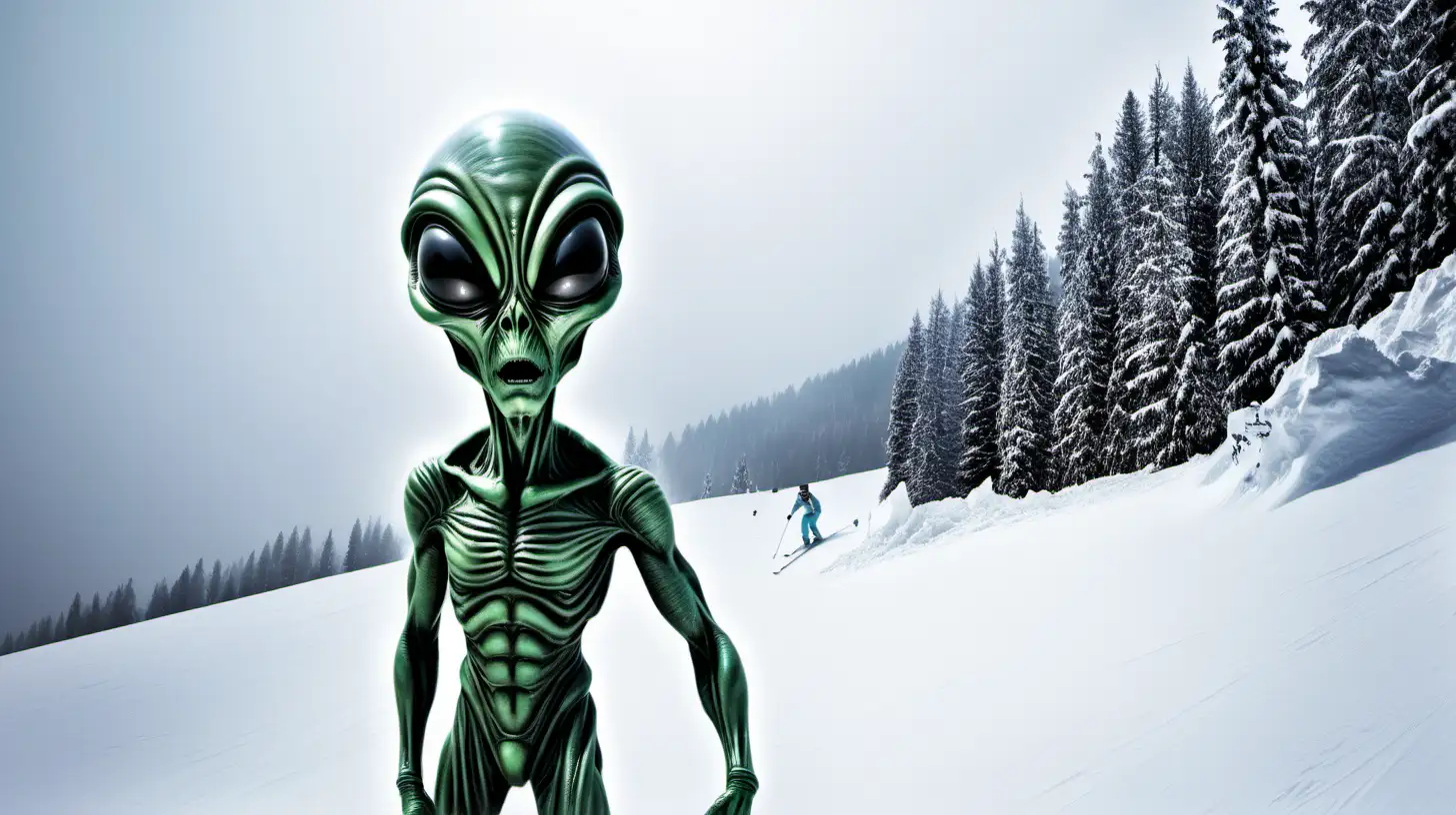 Extraterrestrial Adventure Alien Descending from a Snowy Summit