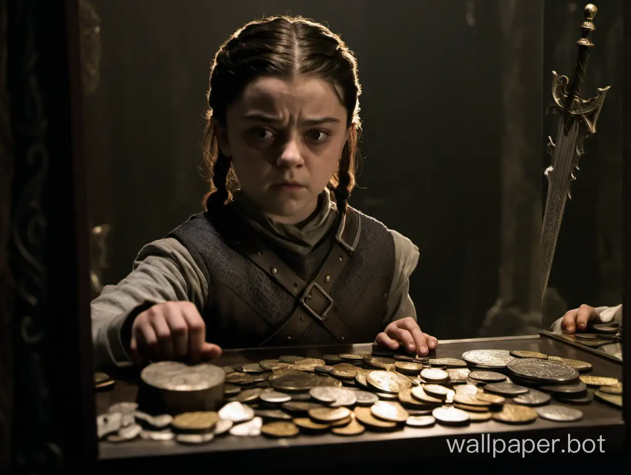 Арья Старк девочка 11 лет смотрится  в зеркало, рядом лежат меч сокровища и монеты