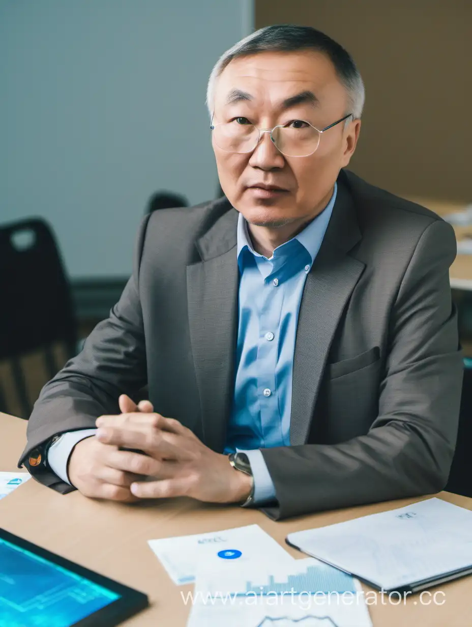 казахстанский профессор который сидит за столом и говорит про криптовалюту, фото сделано прямого ракурса
