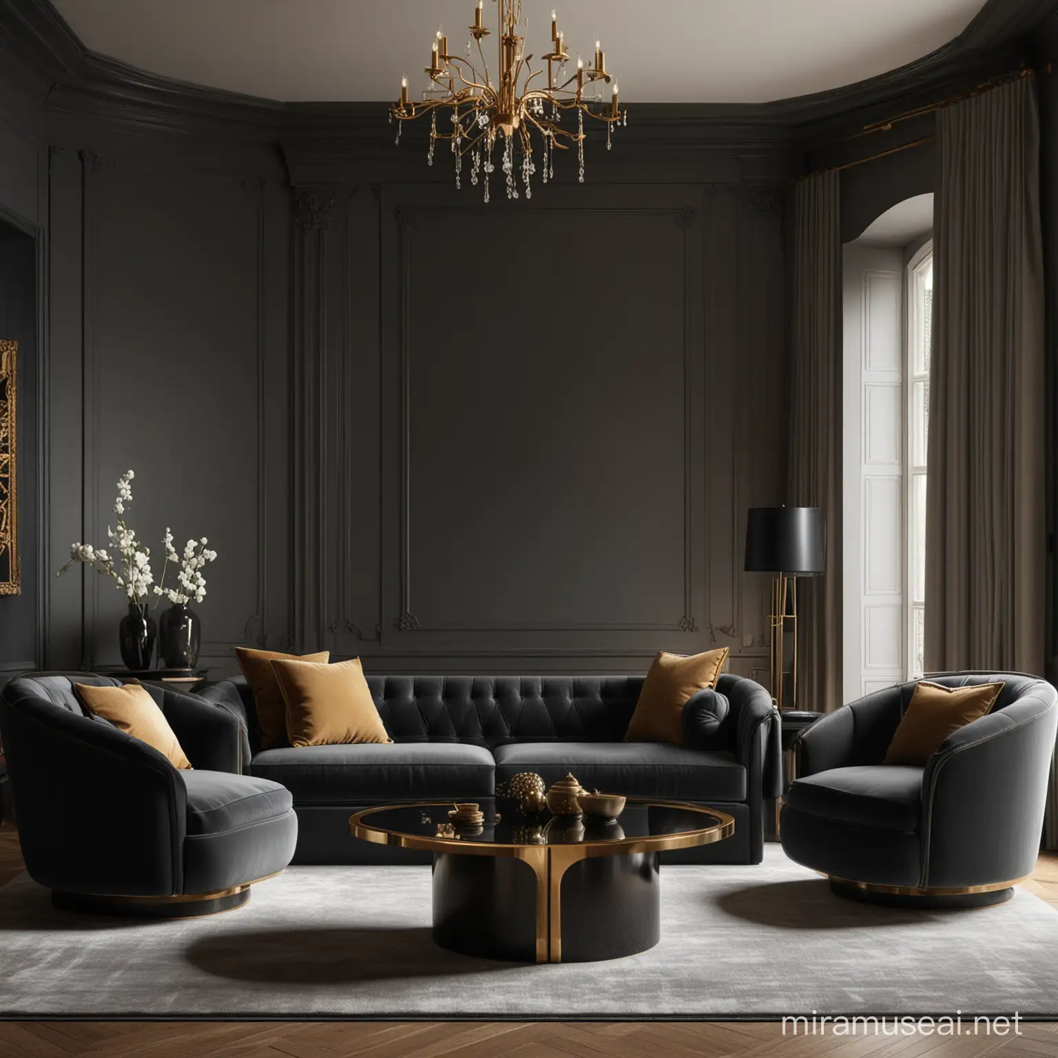 Elegant Sofa Design in a Luxurious Black and Gold Interior