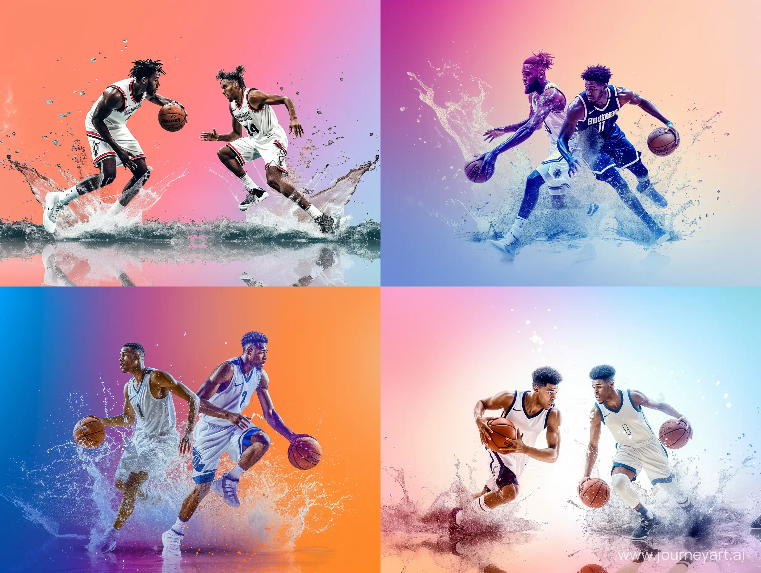 Two basketball players play on a gradient background with splashes of water and a little smoke full-length shot very detailed, focused, 8k, wallpaper, 32k, super resolution, --q 2