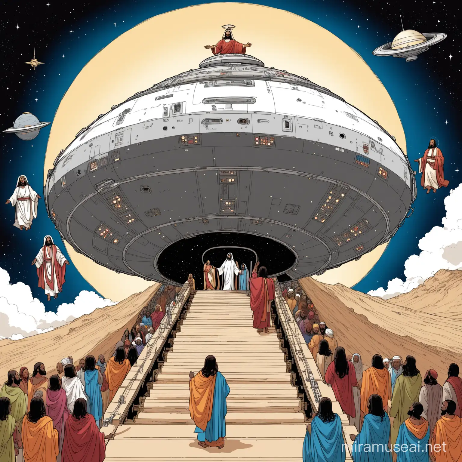 a large spacecraft having landed and several jesus christ figures of various races, ethnicities and cultures descending down a ramp