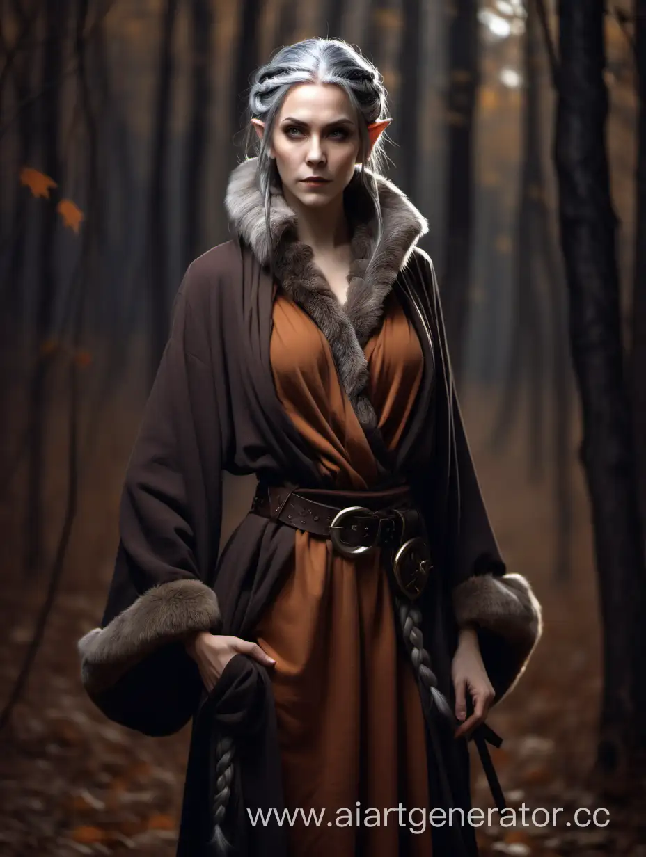 Half-elf, woman, gray hair, stern expression, hair braided, brown robe with a fur collar, many belts, behind the night autumn forest with simple strokes, half of the body