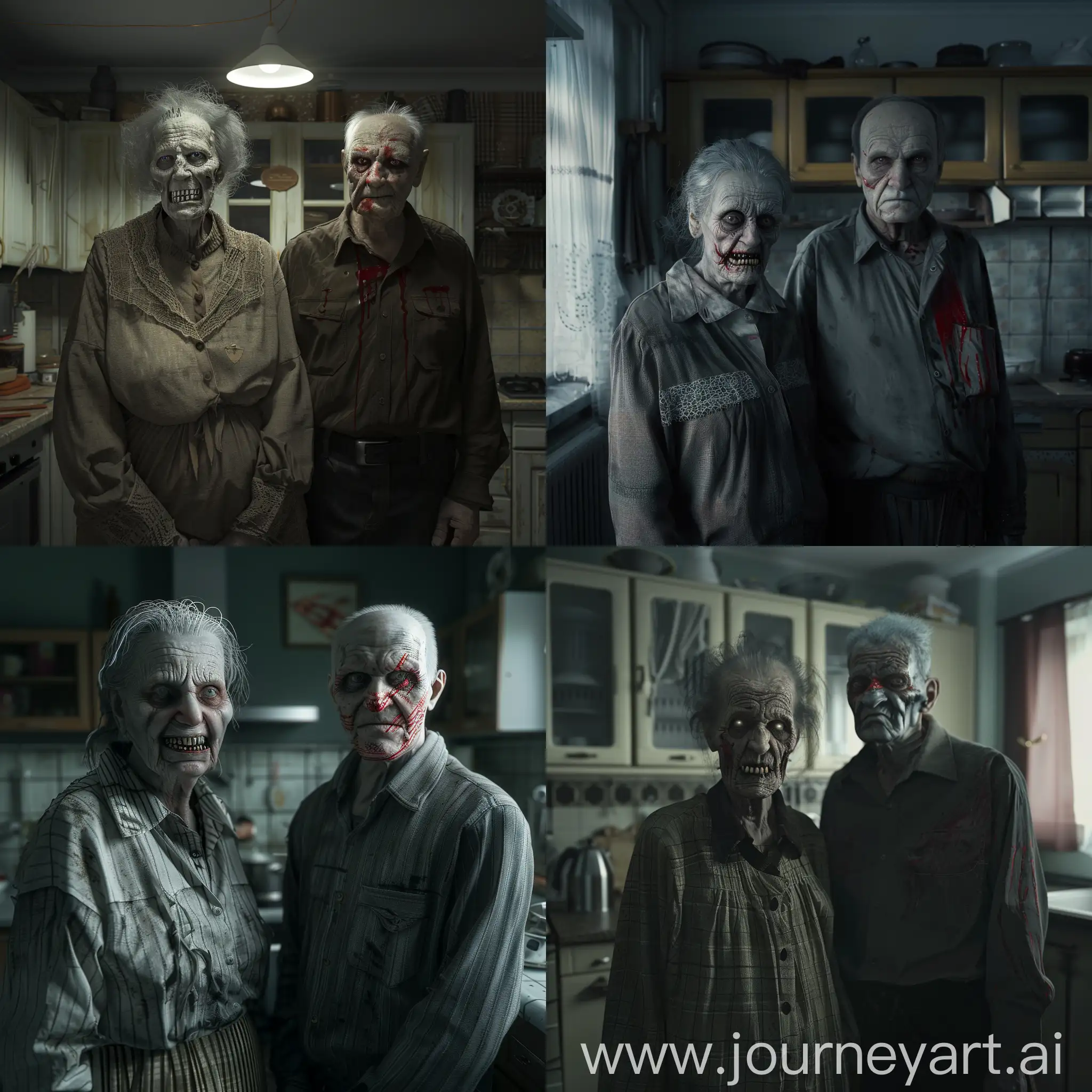 old soviet apartment, dimmed light, kitchen,grandmother, old clothes, sharp teeth, white eyes, gray hair, next to an old man stands, white eyes, sharp teeth, red streaks on the face, gray hair, epic scene, hyperrealism, 8K image quality, ultra detail