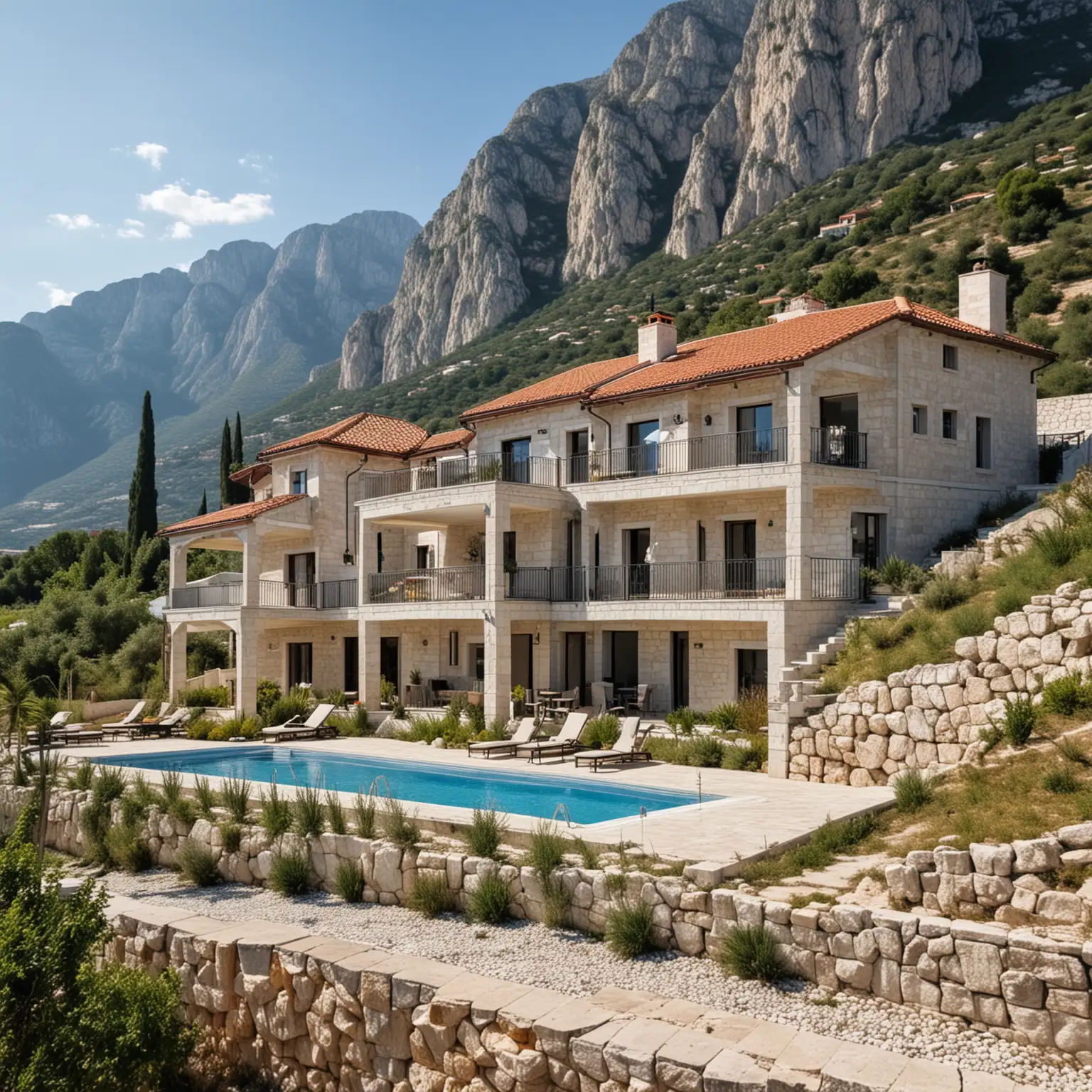 Erstelle ein Bild auf dem schöne Fertighäuser mit jeweils 2 Parkplätzen und einem Pool umgeben von einem schönen Garten zu sehen sind auf einer Fläche von 20x25 m2 in Montenegro Stari Bar, mediterran, mittelalterlich, edel, Limestone, im Hintergrund ein Berg