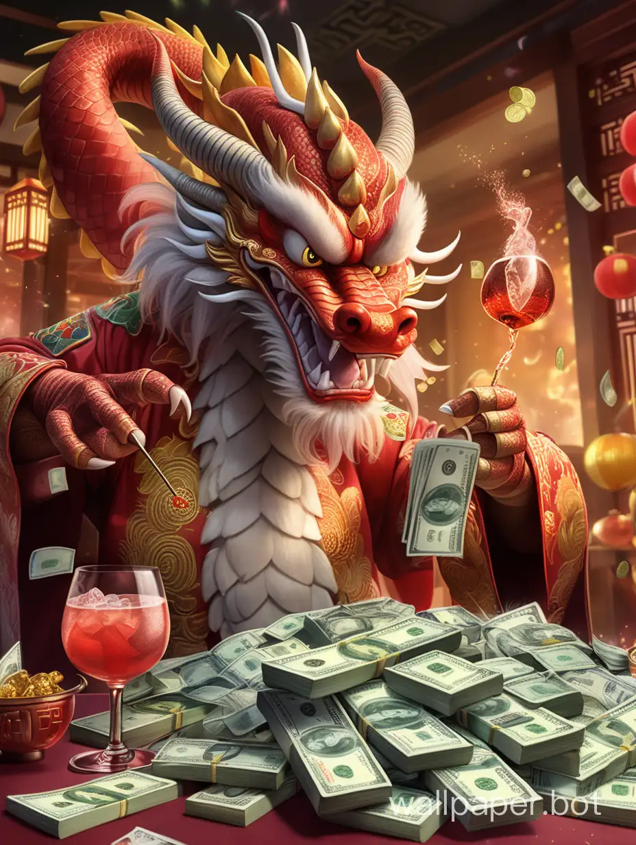 a Chinese dragon is counting a huge pile of money while drinking a cocktail in its claw. fireworks are outside the room.