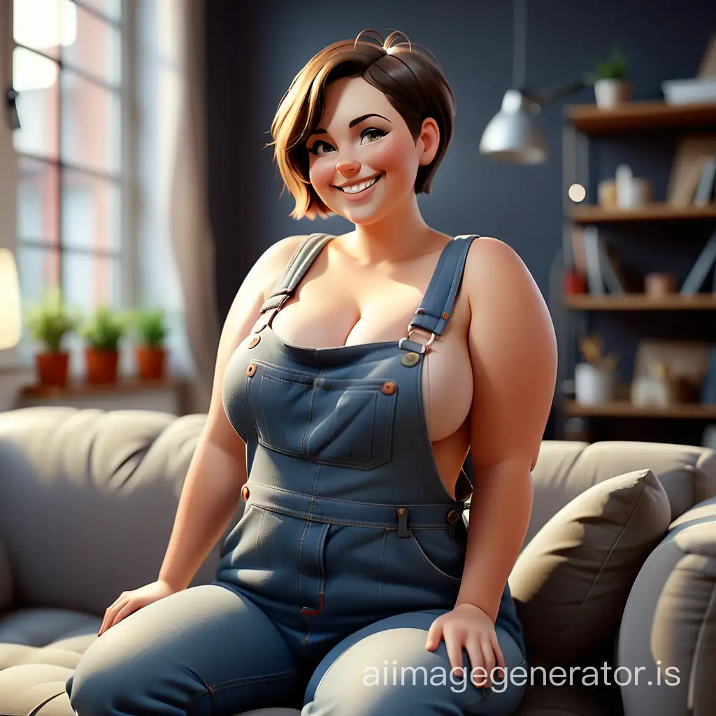 Curvy Woman with Short Brunette Hair Smiling in Studio Apartment | AI Image  Generator