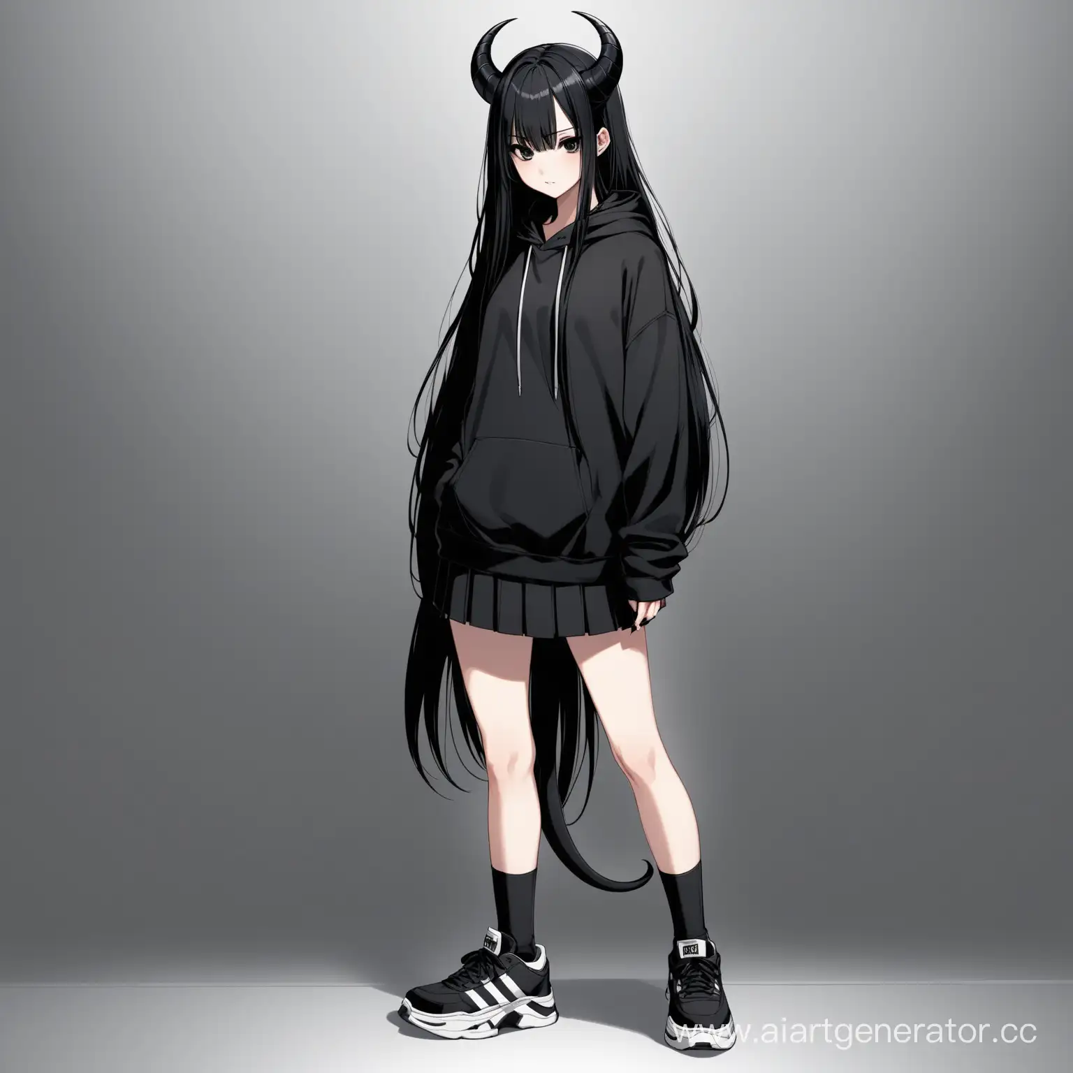 A girl with very long black hair, black eyes, has straight black horns and a black tail, She is wearing a black hoodie and a short black skirt and black sneakers