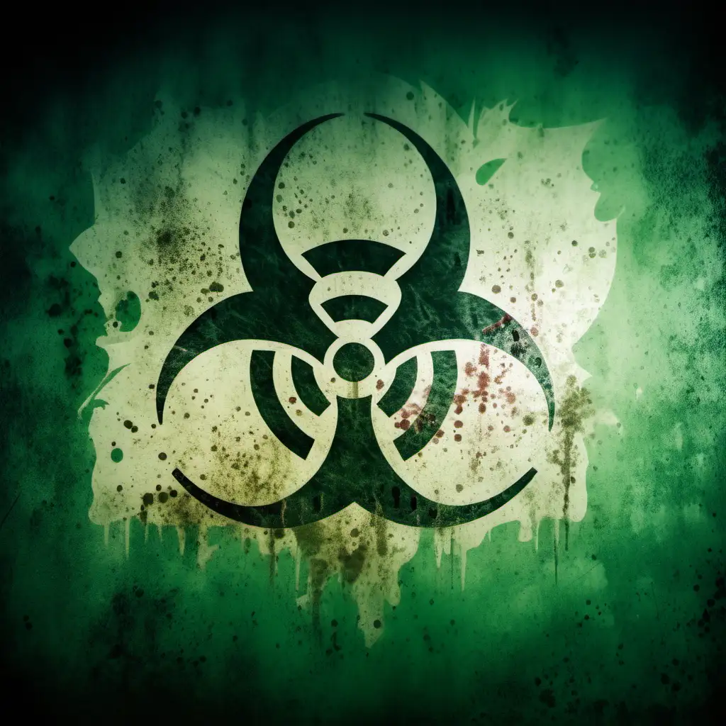A faded image of a biohazard sign, post-apocalypse style. Green background