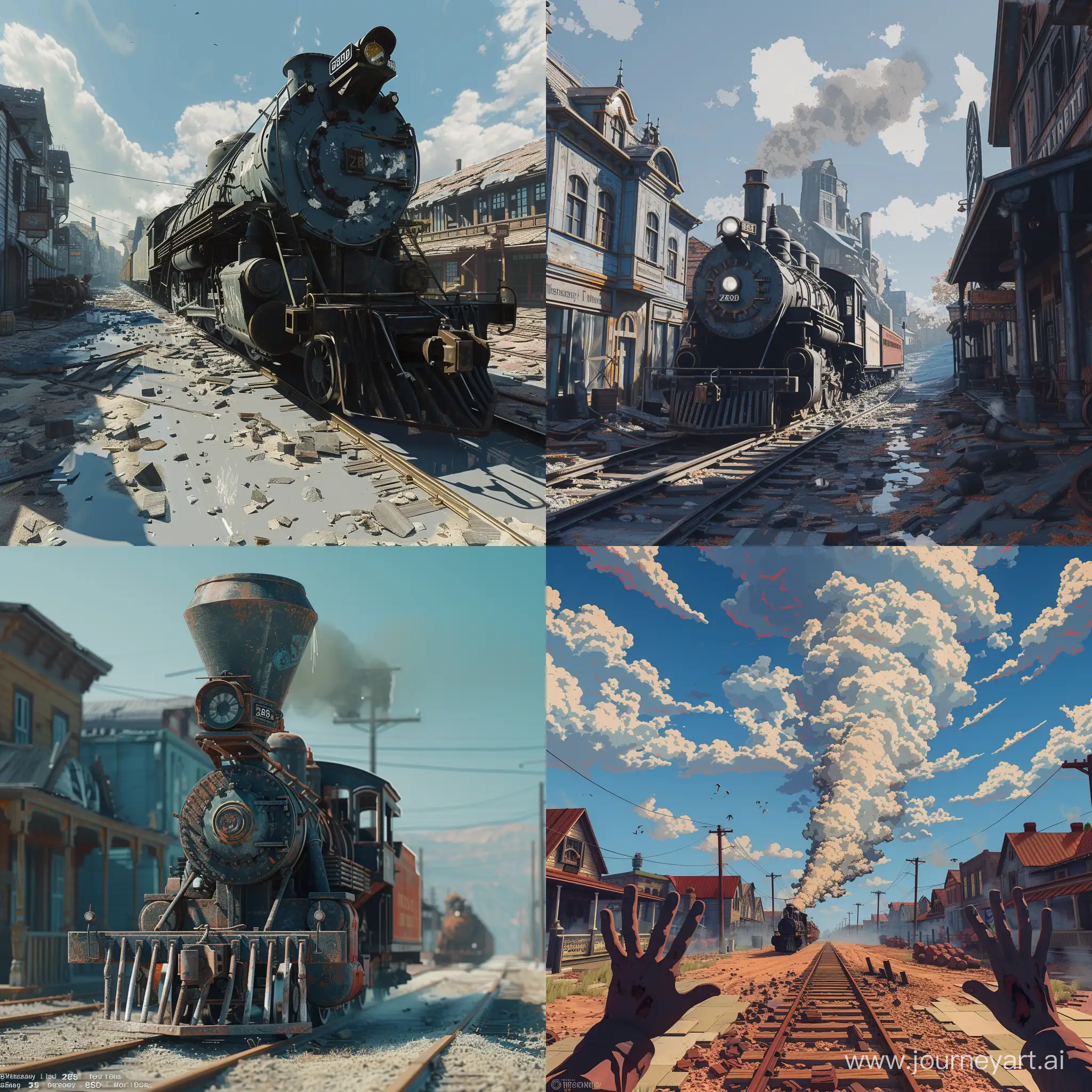 daylight, bluesky, Steam locomotive, town, (masterpiece),((ultra-detailed)), (highly detailed CG illustration),(expressionless), (best quality:1.2), High quality texture, intricate details, detailed texture, High quality shadow, Cinematic Light, Depth of field, light source contrast, perspective,20s, (ulzzang-6500-v1.1:0.5), Negative Prompt：ugly, tiling, poorly drawn hands, poorly drawn feet, poorly drawn face, out of frame, extra limbs, disfigured, deformed, body out of frame, bad anatomy, watermark, signature, cut off, low contrast, underexposed, overexposed, bad art, beginner, amateur, distorted face