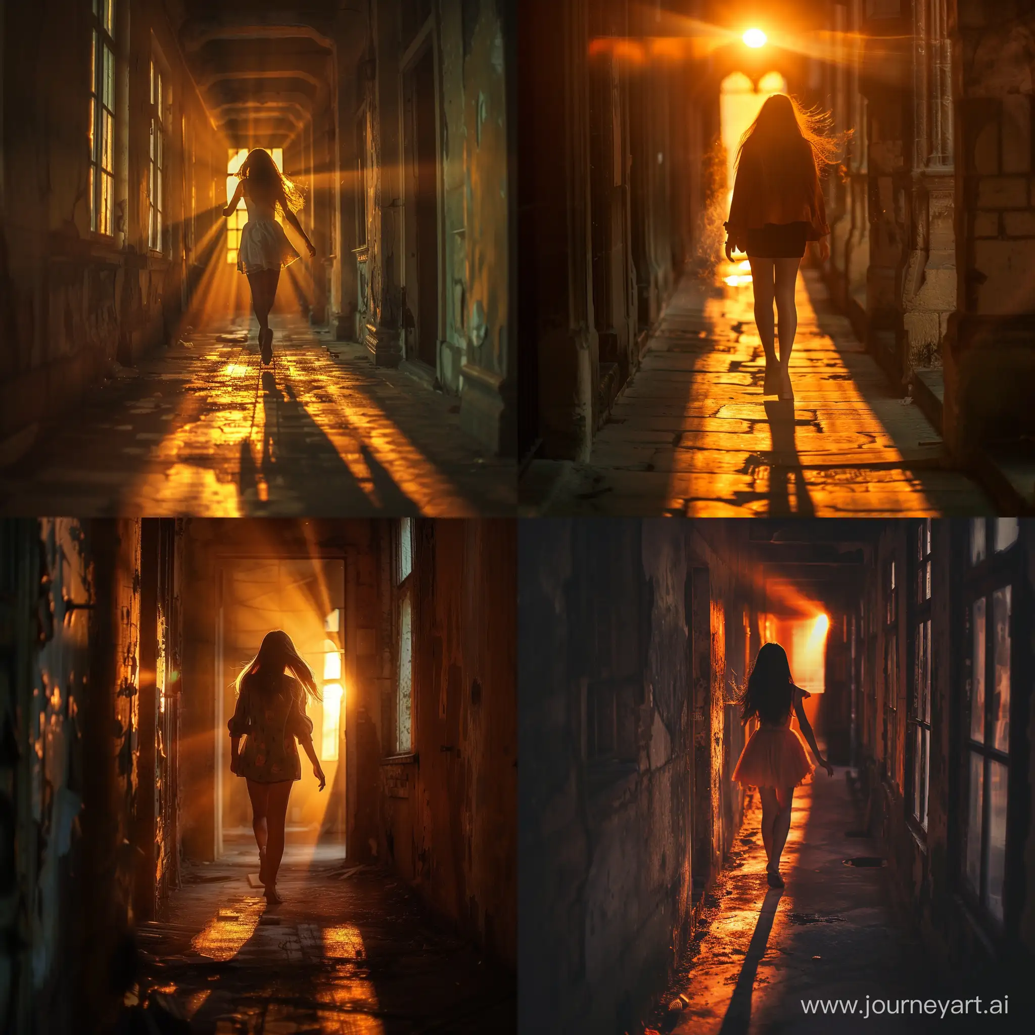 photograph of a girl of about 25 rapidly heading towards the camera along an old corridor illuminated by the sun's rays from the sunset, mysterious atmosphere, detail --v 6 --ar 1:1 --no 71430