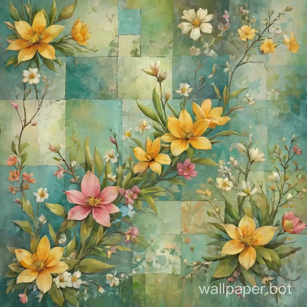 Grunge spring peysazh background, patchwork, soft cozy tones,  digital highly detailed painting, ultra clean, fantastic
