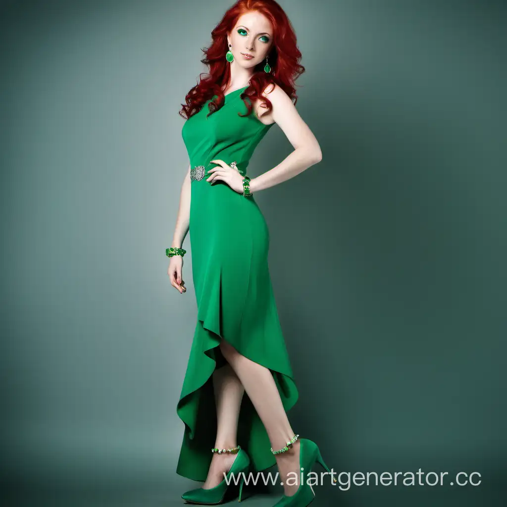 Девушка в полный рост, фото, рыжие волосы, зелёные глаза, изумрудные серьги, зелёное платье, браслет, туфли на каблуке
