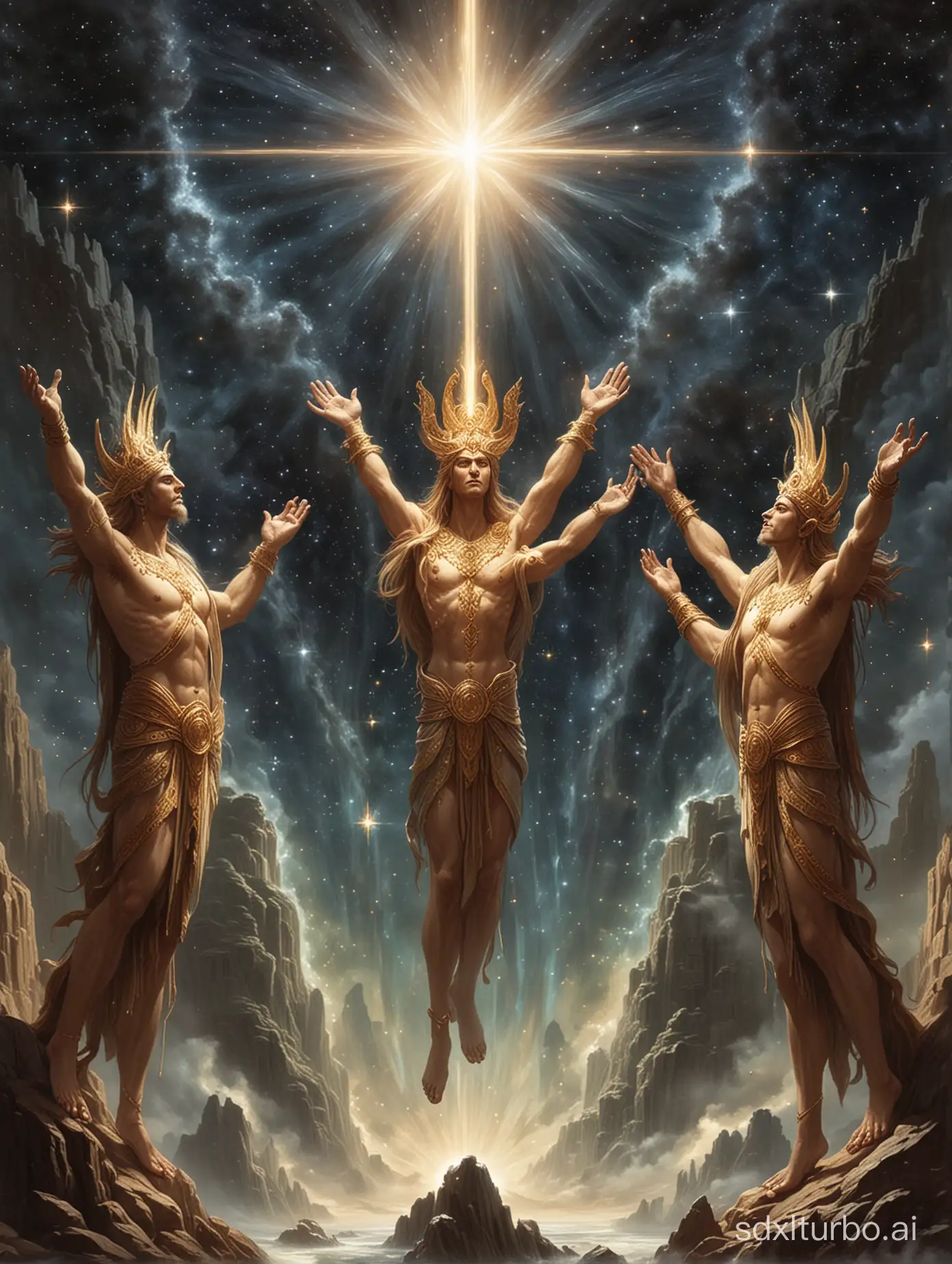 The three primordial star gods reach out their hands to grasp the dimensions.