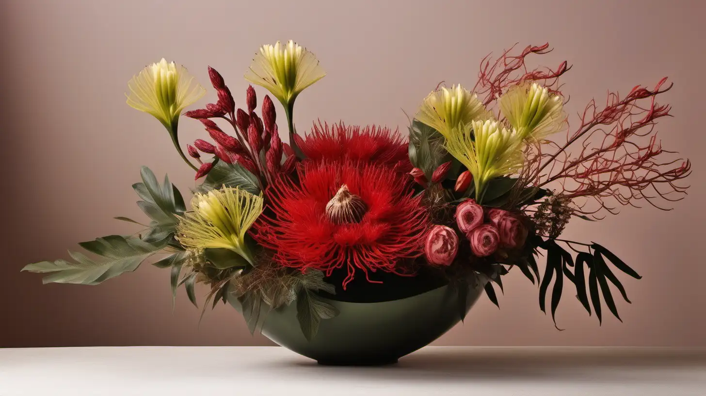 Title: "Australian Floral Elegance: A Delicate Fusion of Iconic Flora"

Description:
We are seeking a professional floral design that celebrates the timeless beauty of three iconic Australian flowers: the Kangaroo Paw, the Waratah, and the Banksia. This design will serve as a centerpiece for an elegant setting, exuding sophistication and grace suitable for an older woman's aesthetic preferences.

The chosen floral arrangement will be rendered in soft pastel hues, encompassing shades of pink, yellow, and green, to evoke a sense of tranquility and serenity. These subtle colors will infuse the design with a gentle elegance, resonating with the refined taste of our target audience.

The arrangement should not eschew a traditional bundled structure, instead opting for a sprawling composition that spans the entire width of the image. Each flower type will be meticulously placed to ensure balance and harmony, with a white background and no vessel, detracting from the delicate beauty of the blooms.

The Kangaroo Paw, Waratah, and Banksia will be showcased in their full glory, with their unique characteristics and intricate details accentuated. The design should highlight the individuality of each flower while seamlessly integrating them into a cohesive whole.

Emotions evoked by this design should center around beauty, grace, and the promise of new beginnings. It should inspire feelings of admiration and appreciation, reflecting the enduring allure of Australian flora and the elegance of the woman who will enjoy its presence.