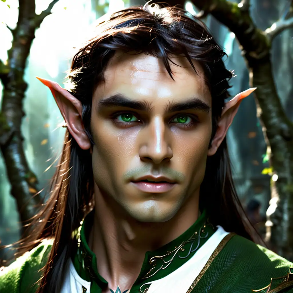 Long, straight, dark brown hair, small pointed ears, strong jaw, thin but muscular, green eyes, perfect features, King, elf, fantasy, sexy, handsome, hot, godlike 
