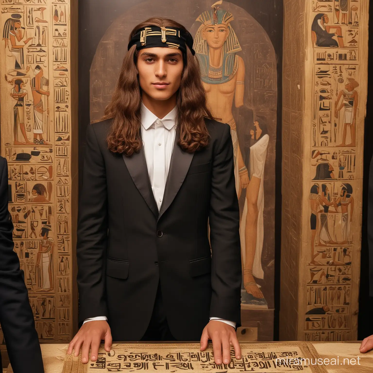 The son of Pharaoh Akhanaton has long hair at an official party, wearing formal clothes and a black suit, and behind him is the sign of Egyptian civilization.
