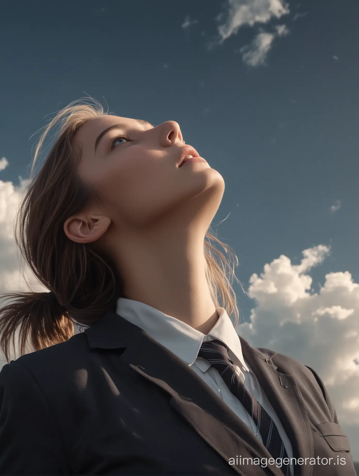 16-year-old teenage girl, wearing school uniform, she (((looking up))) to sky, (slender neck), she is (in heaven), dramatic lighting, extremely detailed, octane render, atmospheric, cinematic movie