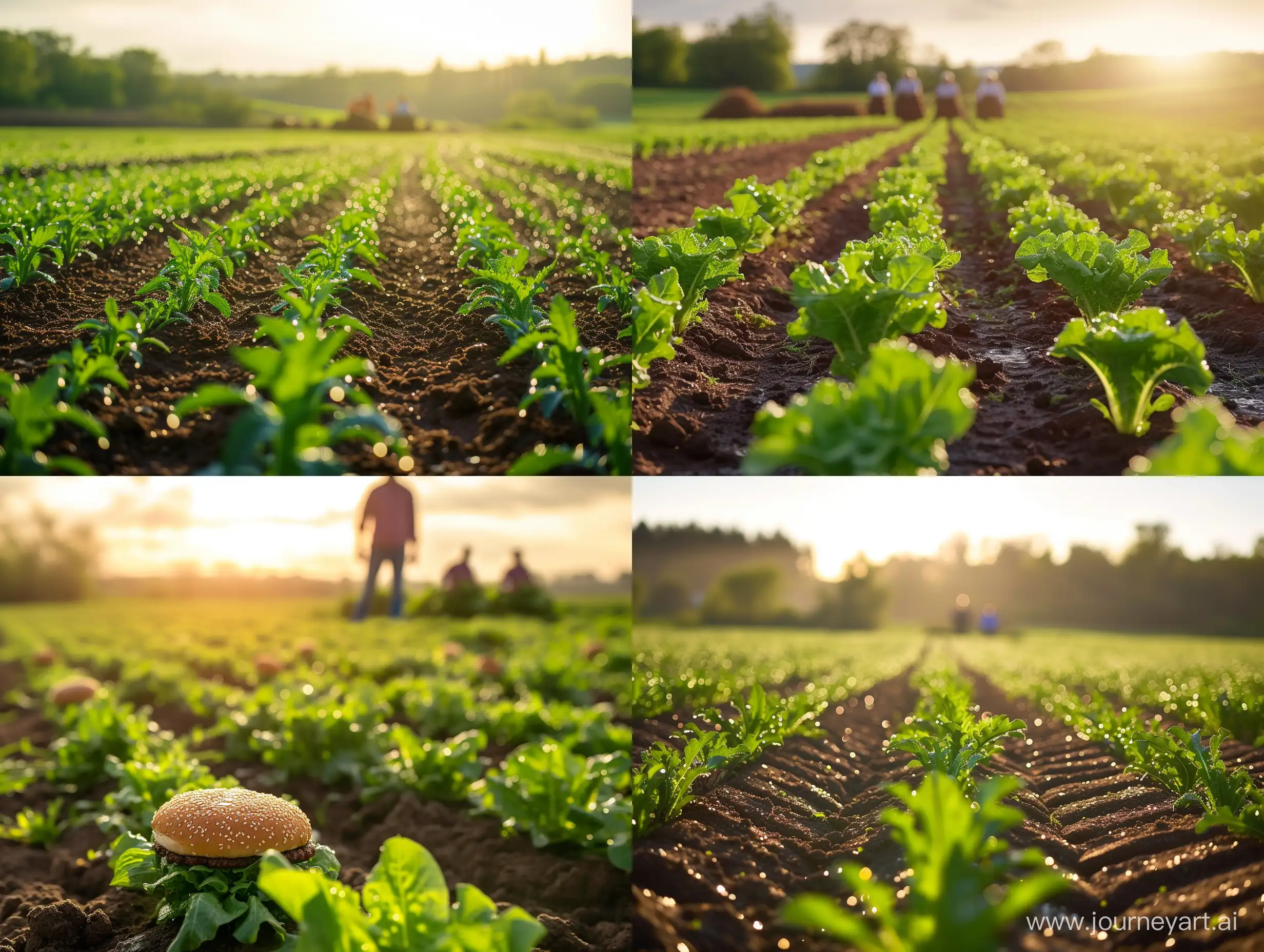 Hamburger fields ready for harvest,happy farmers on the background ,warm sunny morning,dew on hamburger plants,cinematic landscape