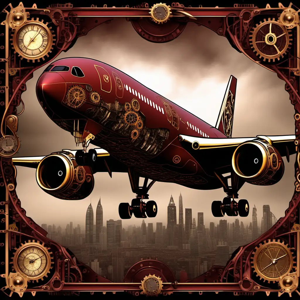 Dark red Boeing 787, steampunk influence, black cat, ATC