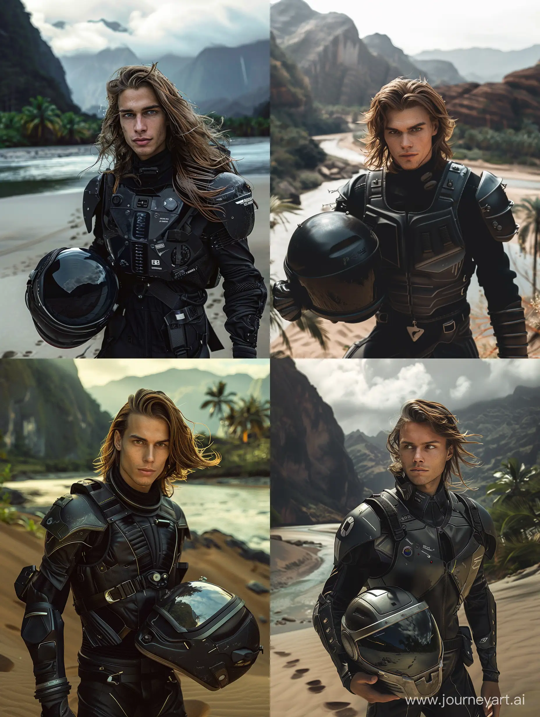 another world, a pretty 25-old-year handsome man in lightweight space protective space armor with a little long light brown hair in the foreground, curious look, he holds the helmet in his hand,mountains,  river and palms in background, beautiful, sharpness, romantic, footprints in the sand, fantastic, photography, close-up, hyper detailed, trending on artstation, sharp focus, studio photo, intricate details, highly detailed, in the style of black and dark silver, y2k aesthetic, soft, dream-like quality, princecore, shiny, pensive poses, precise detailing,