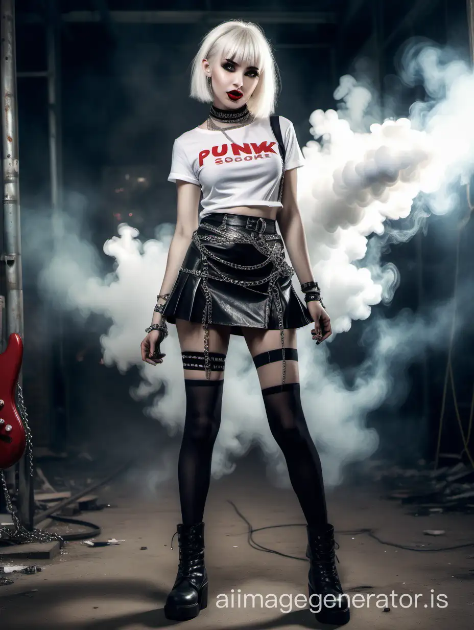 White smoke, a girl in full height in punk style, beautiful face, red lipstick, a smile, straight white hair with bangs, glints, glitter, choker, chains, high powerful boots, stockings, short skirt, high resolution, depth of exposure, caustic triple exposure