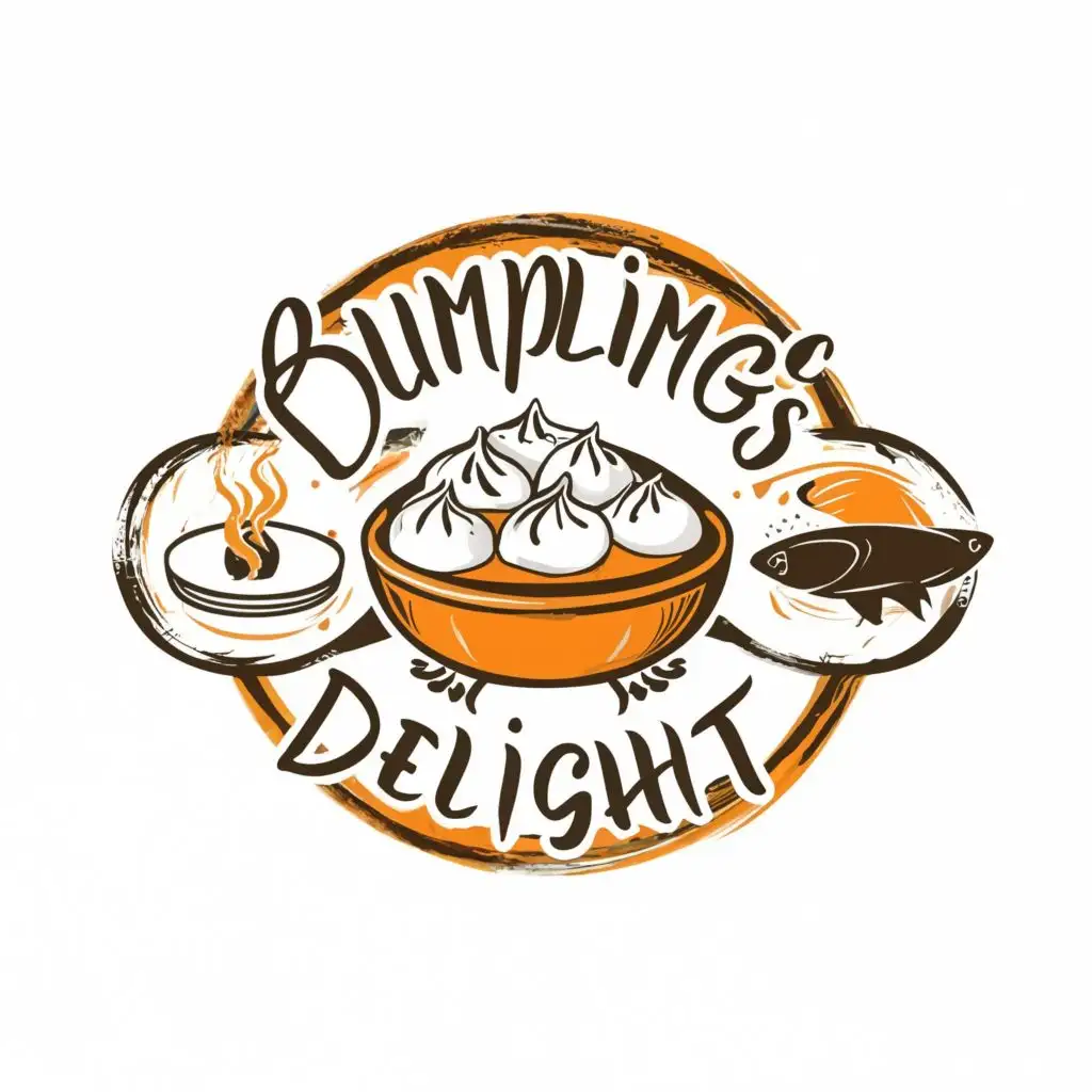 logo, DUMPLING WITH Sauces SERVED and fish AND A CIRCLE, with the text "DUMPLINGS DELIGHT", typography, be used in Restaurant industry