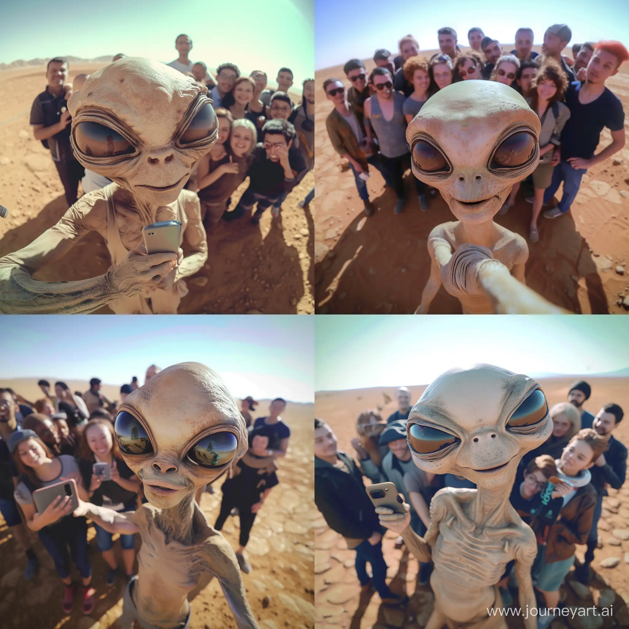 A digital photograph of a friendly extraterrestrial character taking a selfie with a closely huddled group of humans in a Mars setting. The extraterrestrial has a large head with huge, expressive eyes, and pale beige skin, wearing simple, earth-toned clothing. The humans are in close proximity, wearing a variety of modern casual clothing, appearing as a diverse group. They all seem to be enjoying the moment, with smiling faces. The background shows a clear blue sky above the sandy Mars surface, with the image captured in a wide-angle perspective that slightly warps the edges, adding a dynamic feel to the scene.