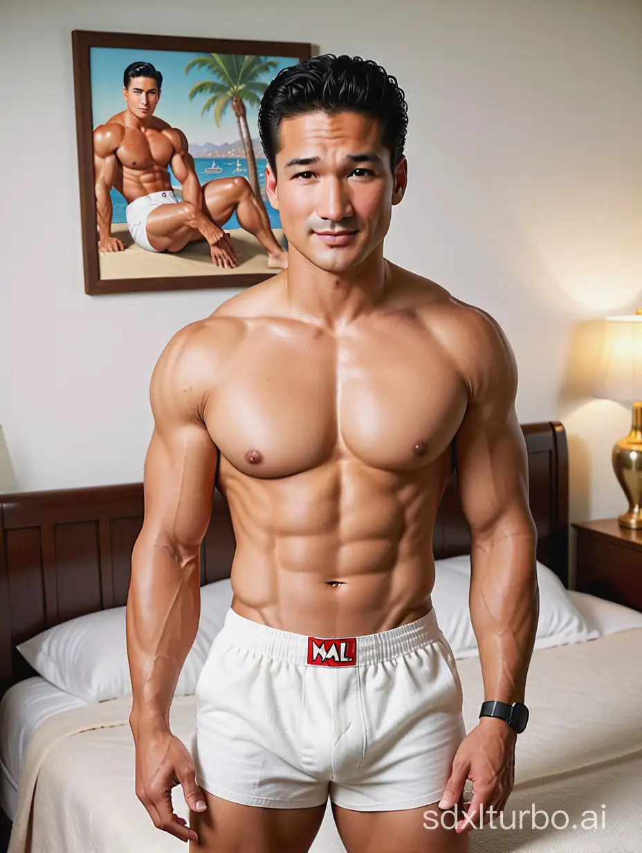 Mario Lopez with ripped eight pack abs, shirtless in white boxers in 1950s suburban LA bedroom, face and body photo, 16k, medium shot, very high quality, very high resolution, fitness, macho, virile, masculine, sexy, youthful,
