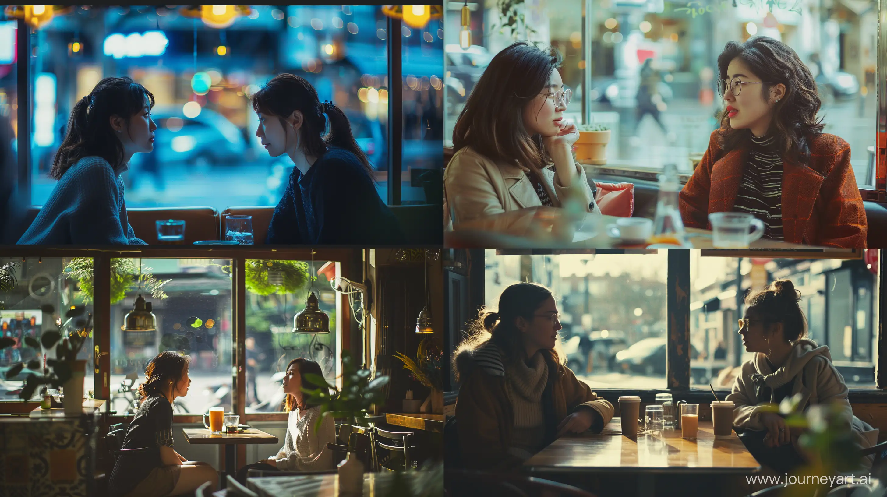 cinematic, photo of two woman sitting in a cafe, canon k35 prime lenses, 70mm, --ar 16:9 --style raw