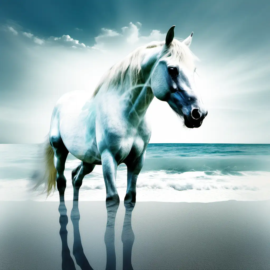 double exposure of a white horse and the sea, azur background