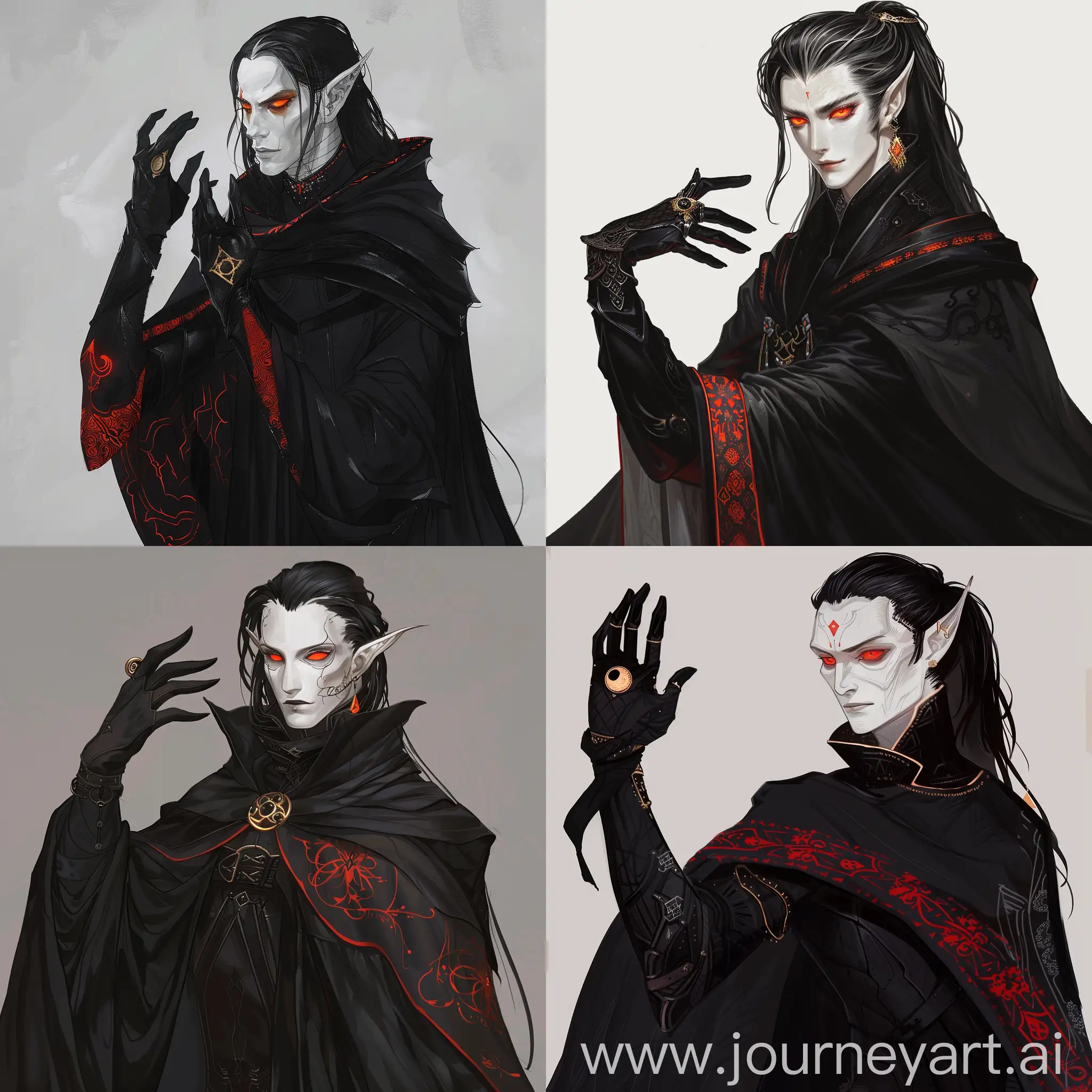 dnd white pale skin with orange eyes,long black hair swept back,black cape with black clothes and red patterns on his clothes,wearing a black glove with a golden ring on glove.