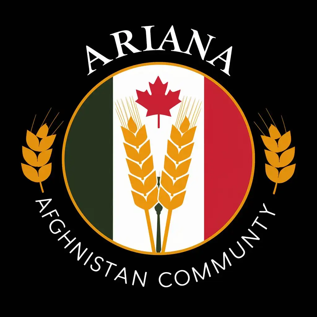 logo, Circular logo with wheat ears embedded in Afghanistan and Canadian flag, with the text "ARIANA AFGHANISTAN COMMUNITY", typography