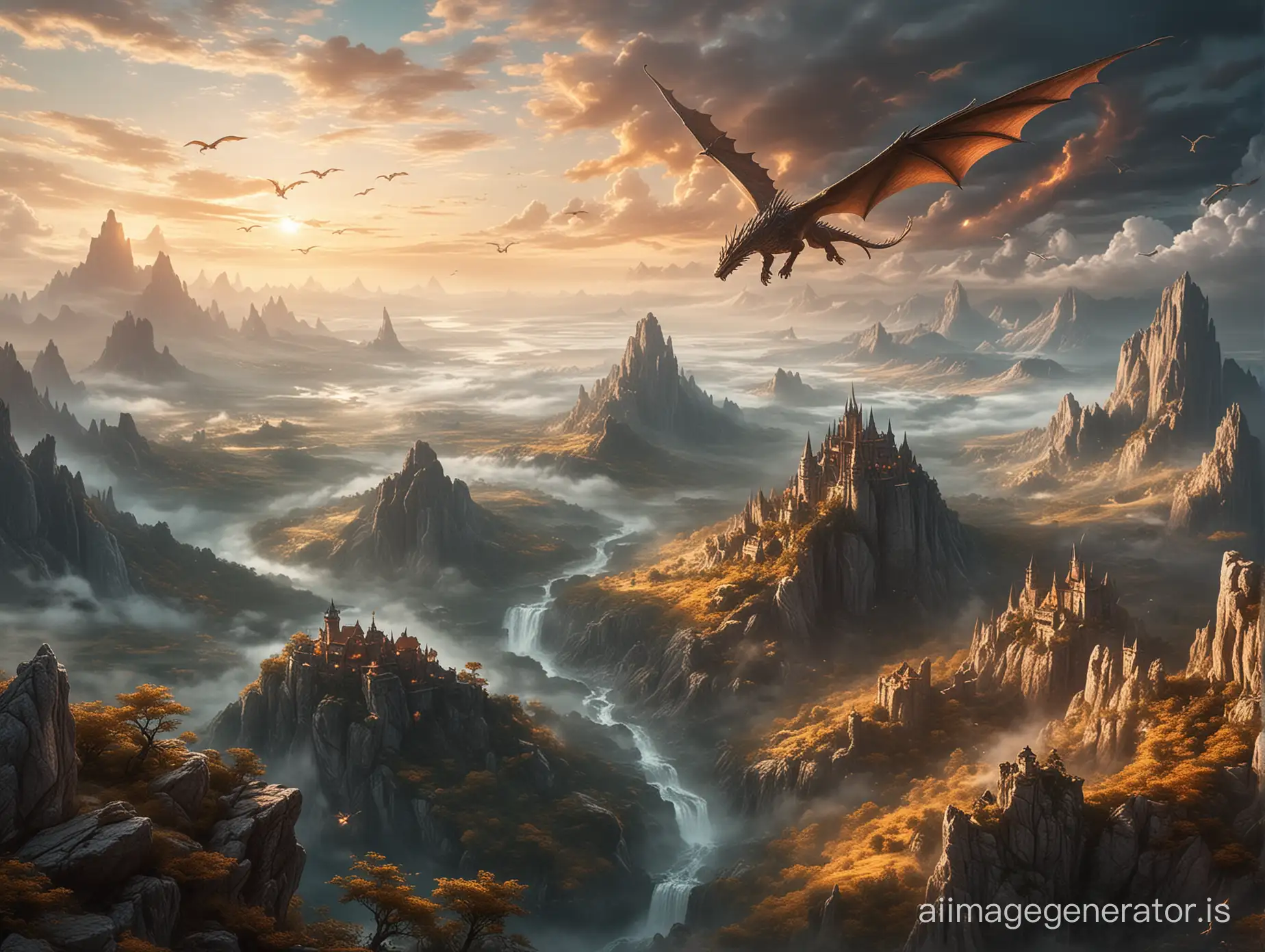 mythical landscape where dragons fly