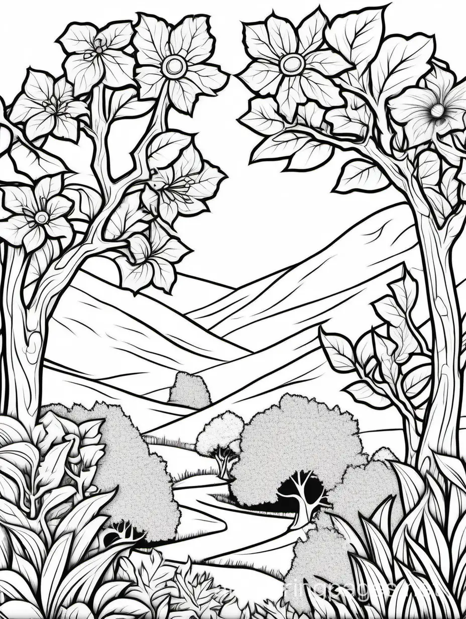 Floral-Nature-Landscape-Coloring-Page-Tranquil-Scene-with-Flowers-Leaves-and-Trees
