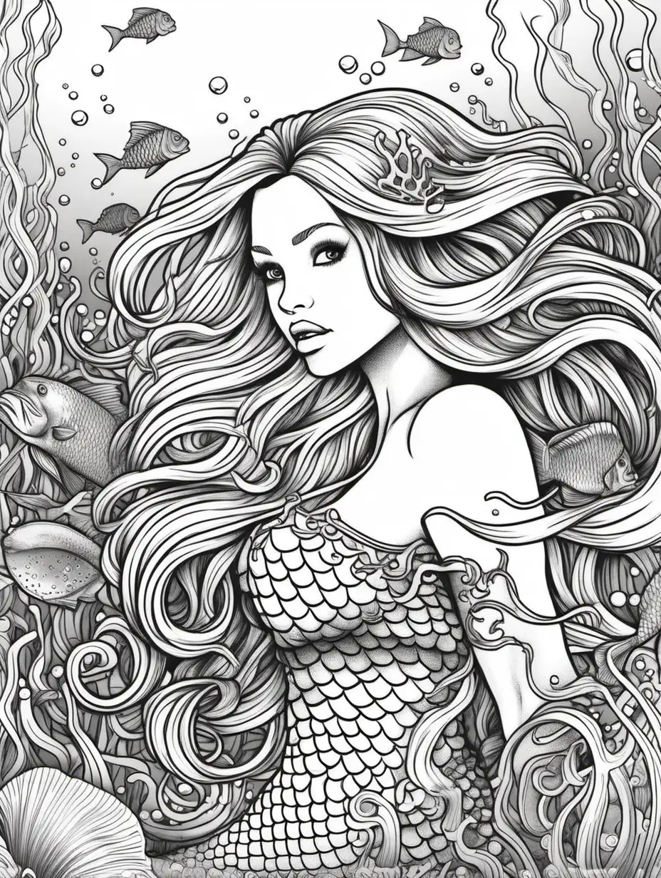 <mermaid>, Underwater, Line drawing, coloring book page, no shading. Detailed background