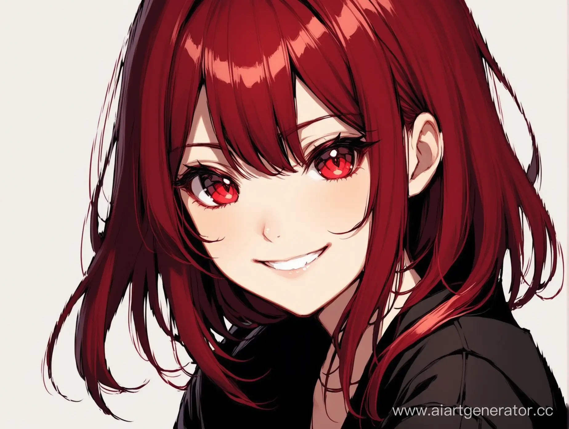 girl, dark red hair, red eyes, snide smile

