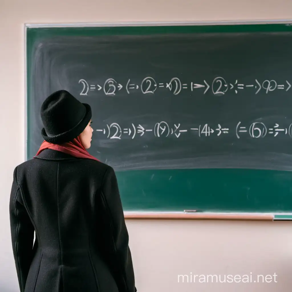 Winter Fashion in an Educational Setting Person in Black Attire Facing a Chalkboard
