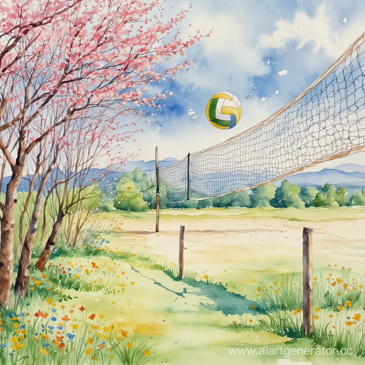 Vibrant-Watercolor-Illustration-Sunny-Day-Volleyball-Match-in-Nature