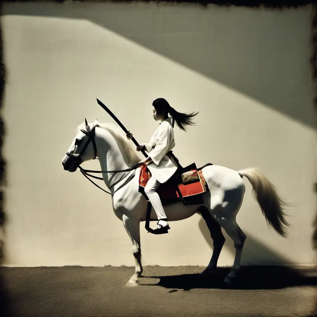 psychologically charged composition, where every shadow tells a story, a female samurai riding a white horse, vintage style photography 