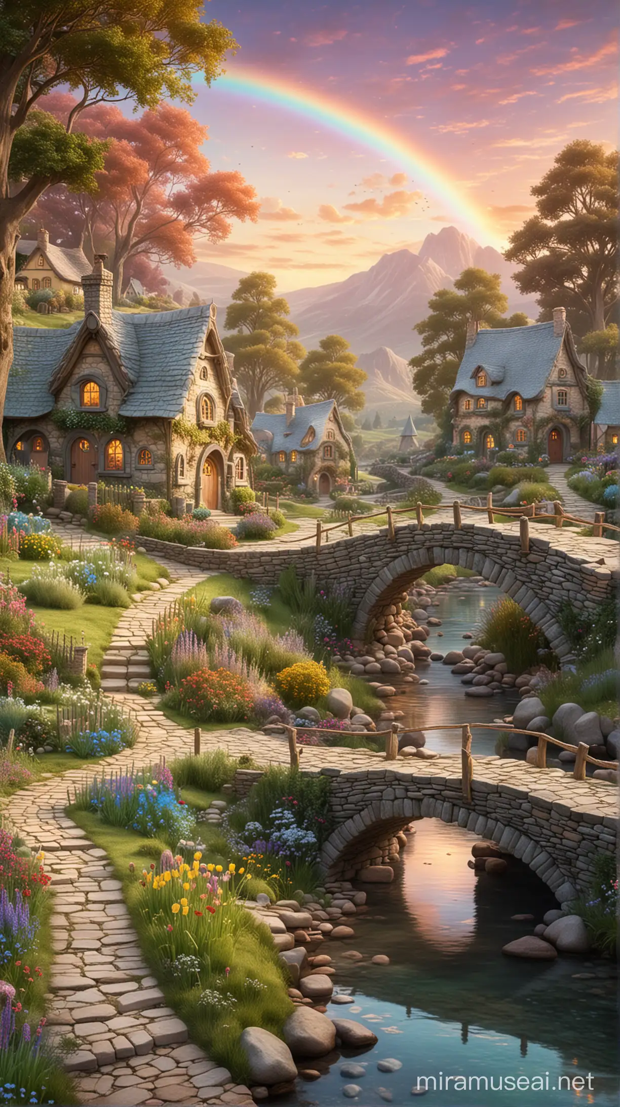 Enchanting Fairy Village Landscape with Pastel Rainbow and Fantasy Cottages