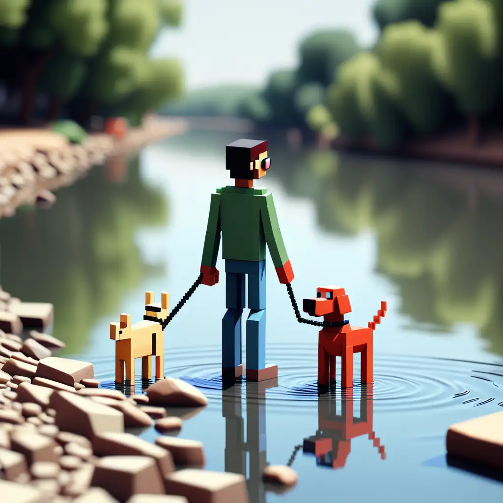 Pixel Man Walking Pixel Dog Along the River