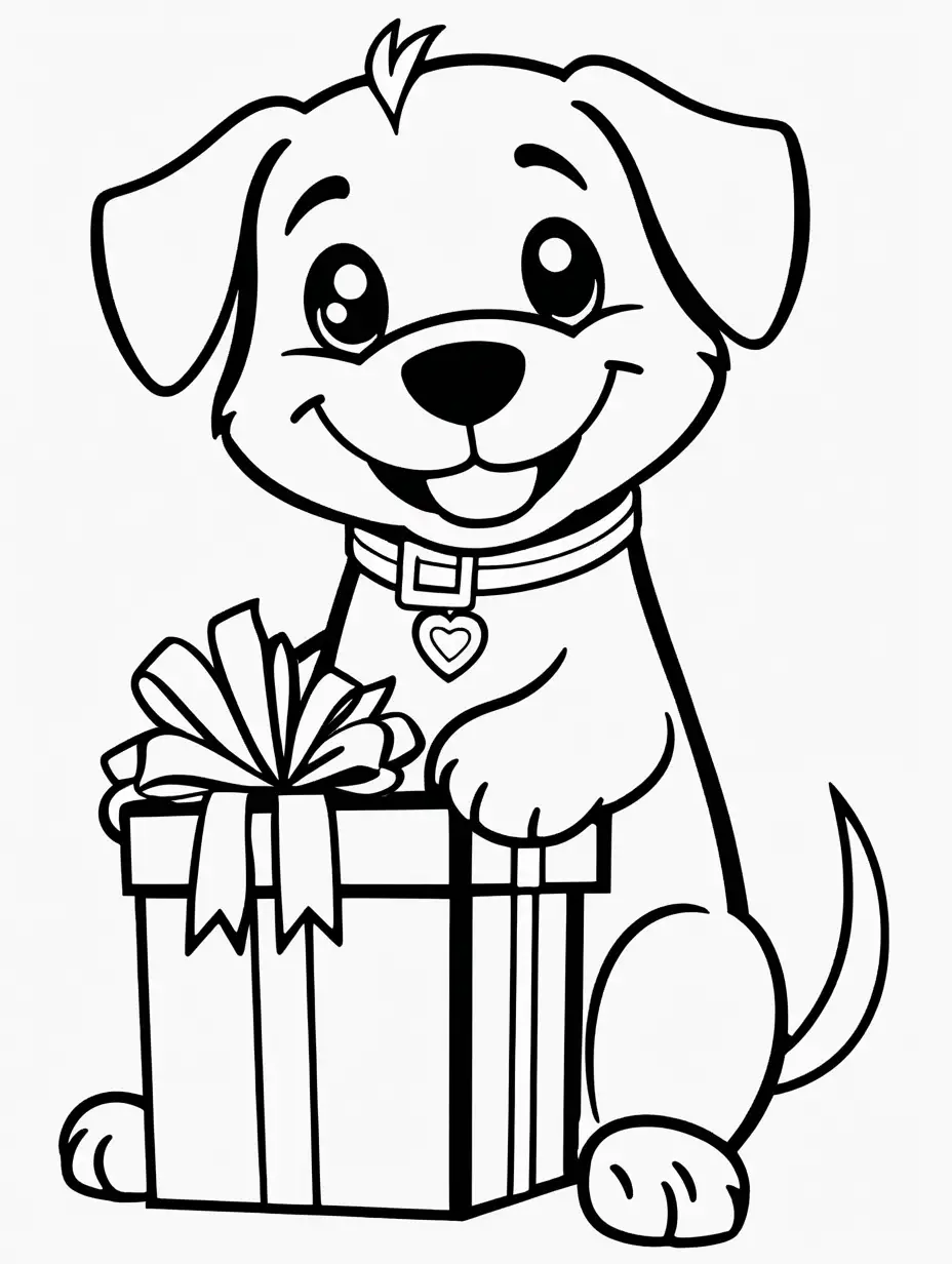 Very easy coloring page for 3 years old toddler. Smile dog with gift box. Without shadows. Thick black outline, without colors and big  details. White background.