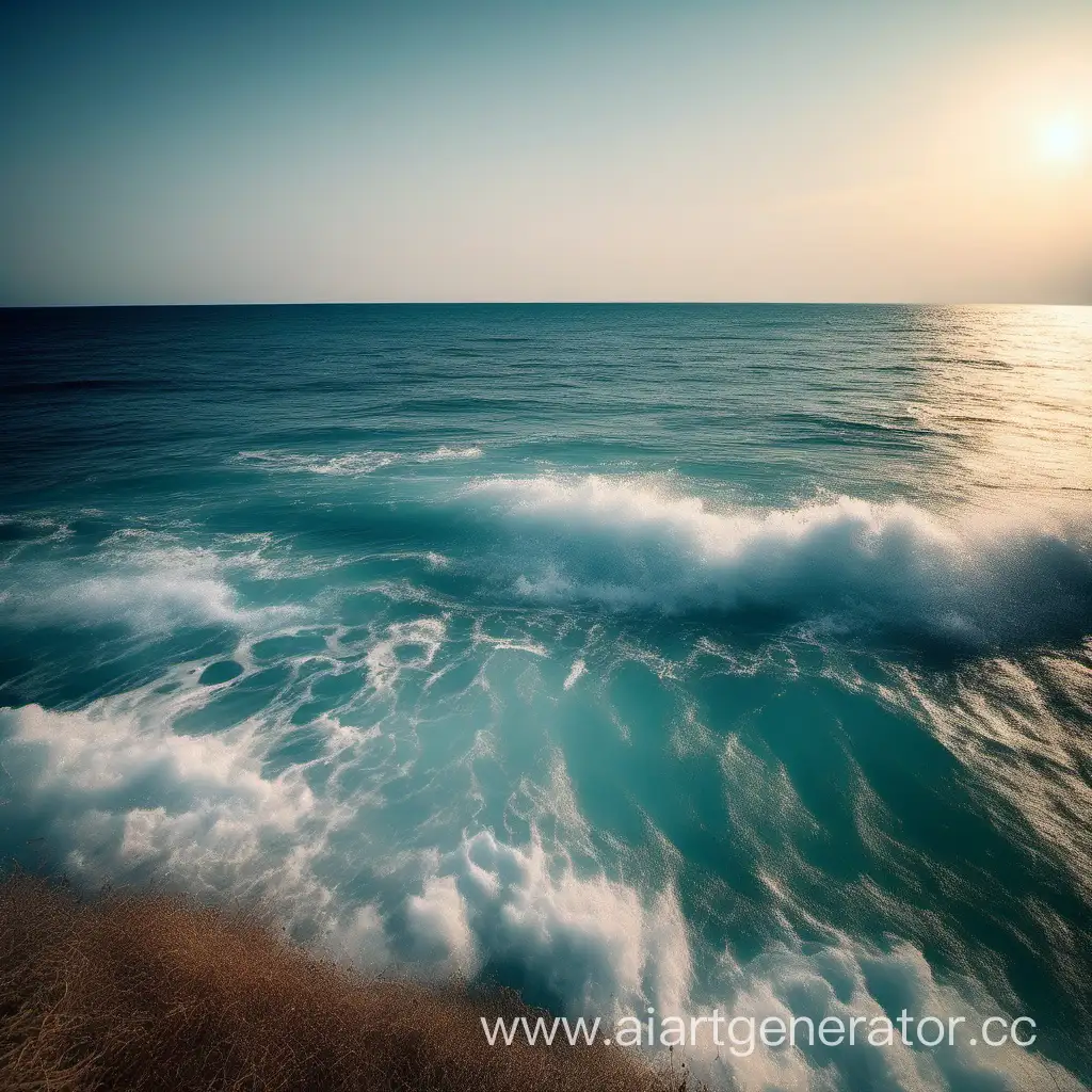 Serene-Ocean-Landscape-with-Sunlit-Waves-and-Coastal-Horizon