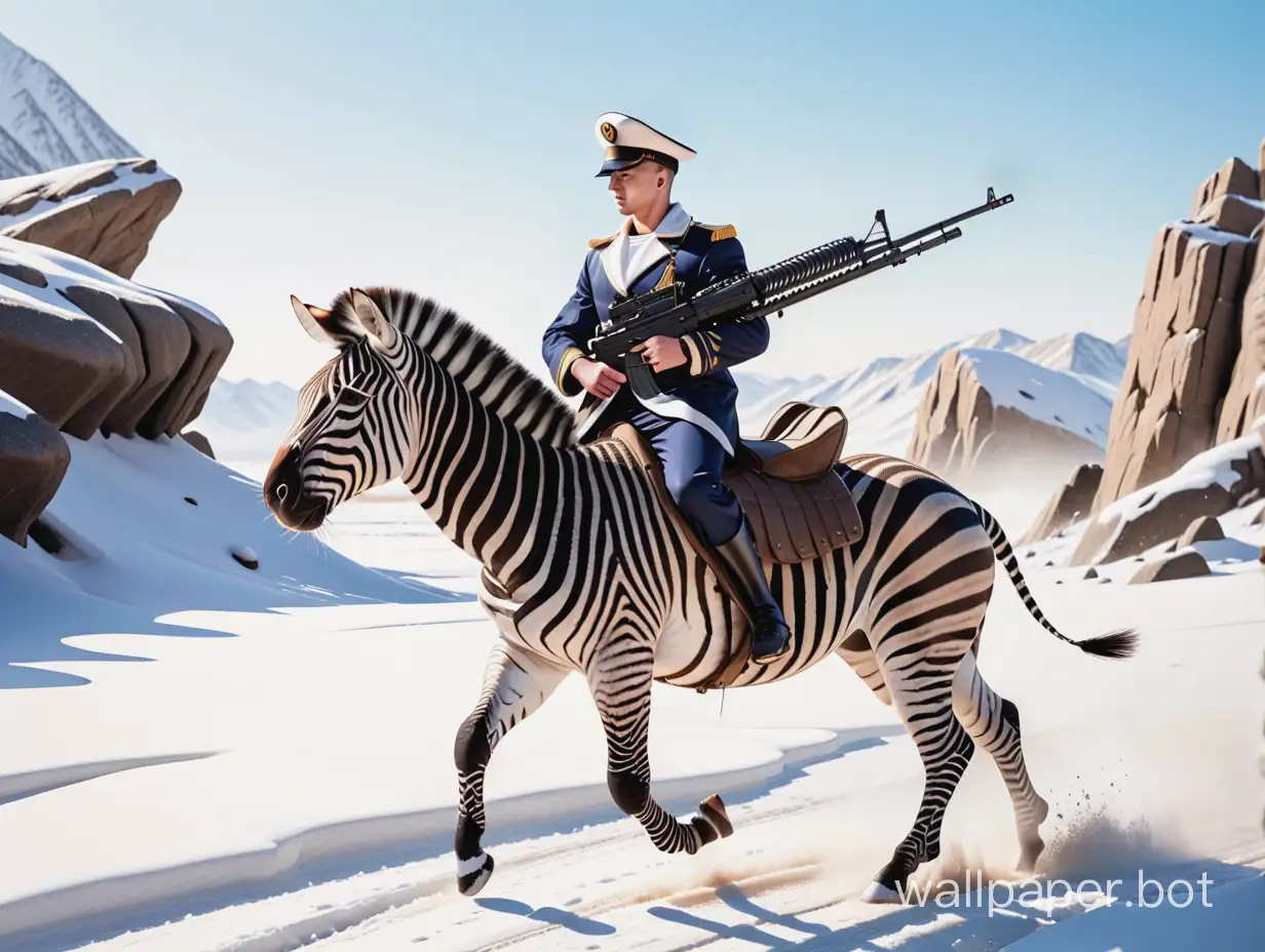 sailor without a cap and riding a zebra with a large-caliber machine gun against the background of snow-covered rocks
