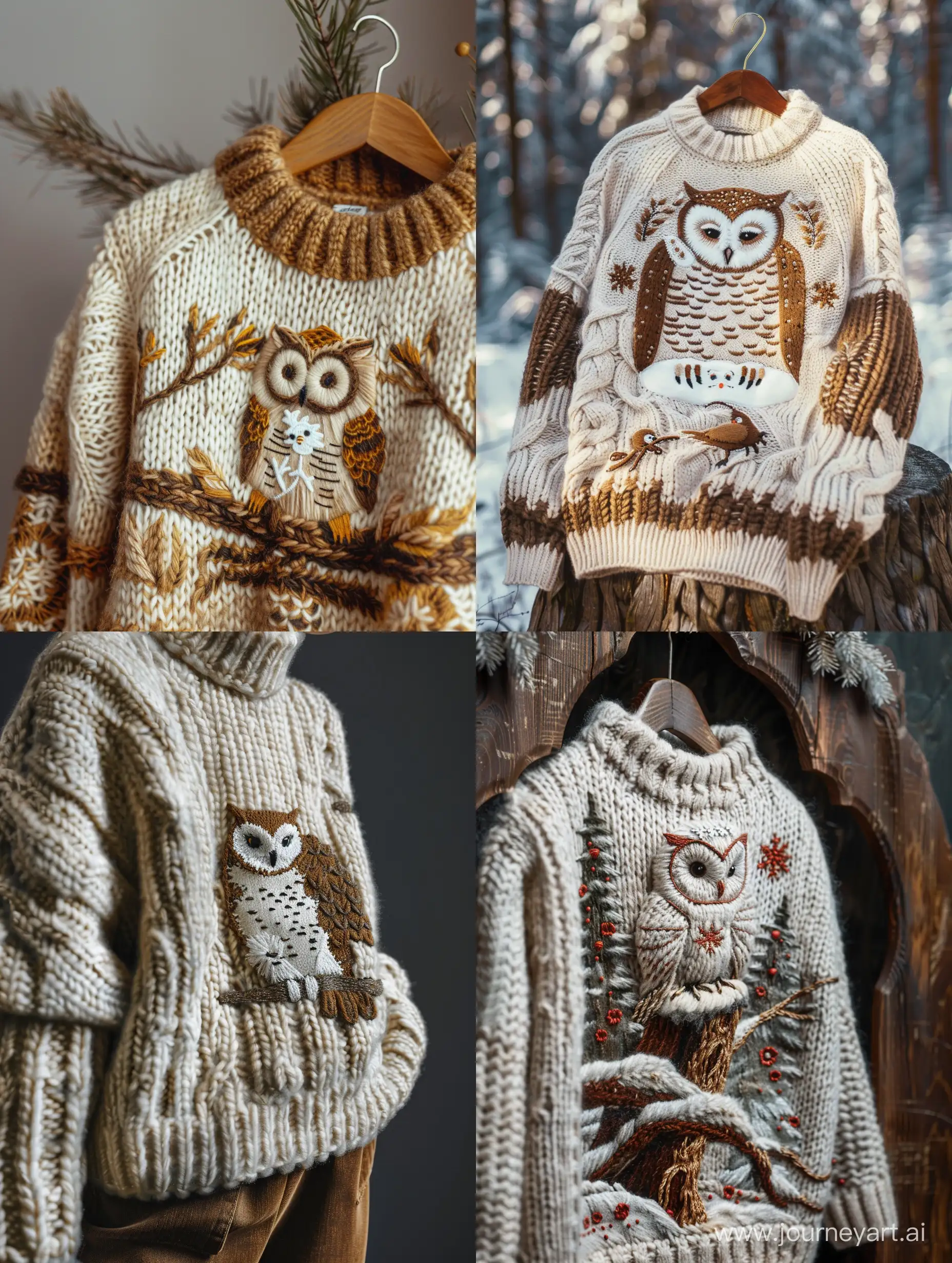 photorealistic knitted sweater with snow owl embroidery, cozy embroidery, extra warm tones, extra cozy tones --v 6 --ar 3:4 --no 4280